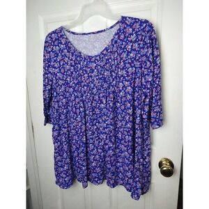Woman Within 3/4 Blue Floral Sleeve Flowy Side Slit Shirt. Size L